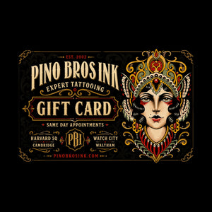Pino Bros Ink $300 gift card, black card with gold filigree frame